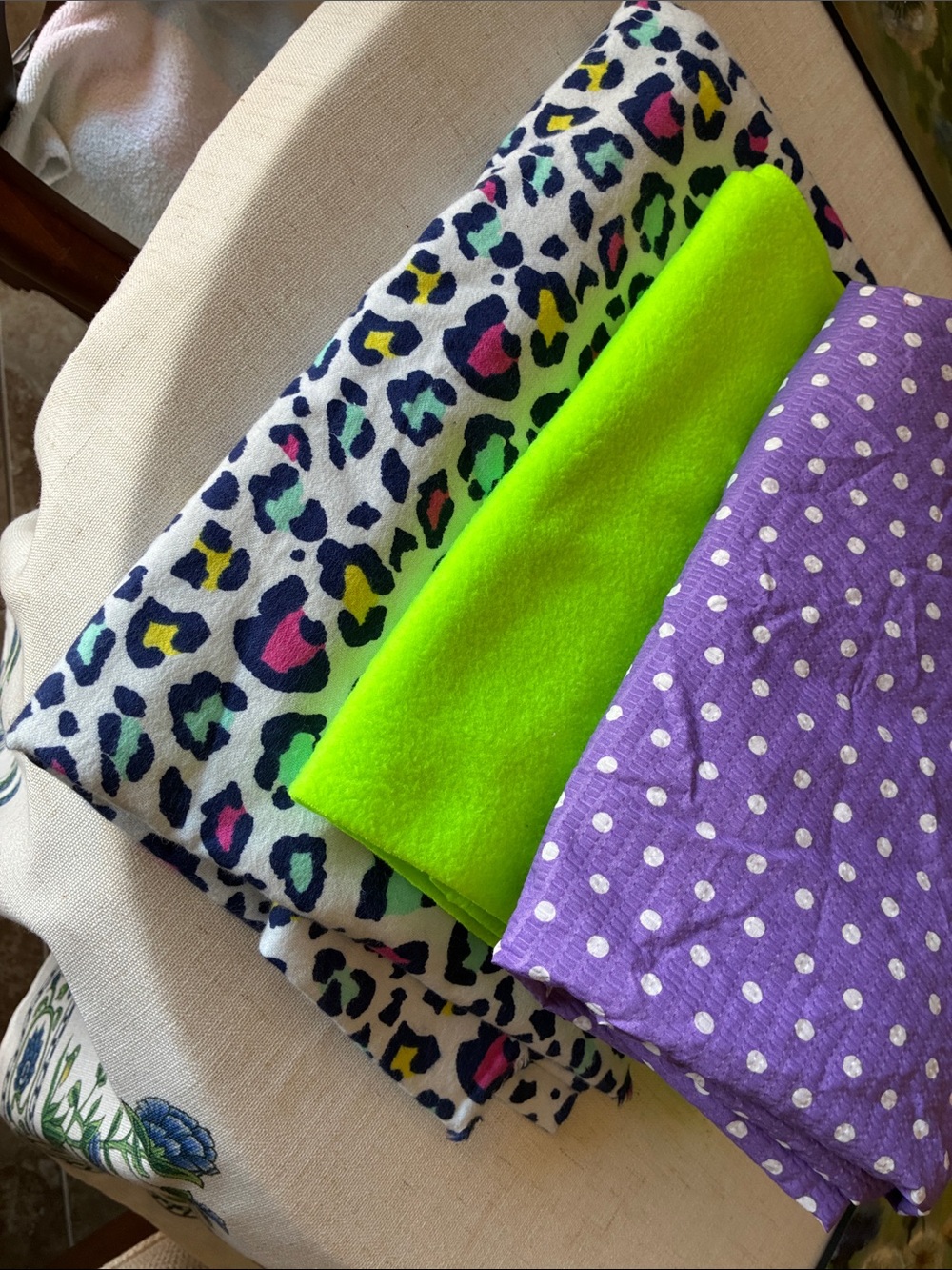 Joann Sewing Fabric Neon Green, Purple Polka Dot, & Multicolor Leopard Print